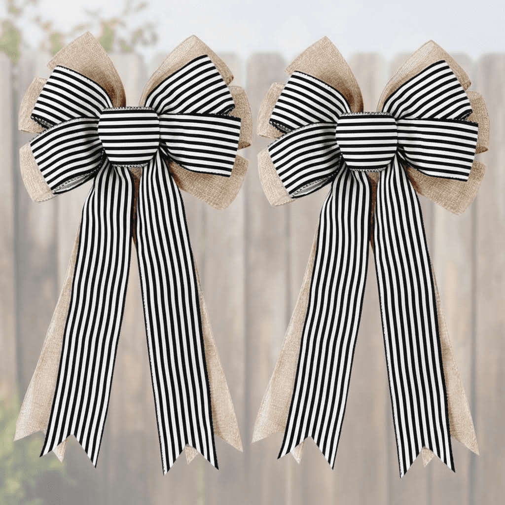 2 Pack Rustic Burlap Bows with Black and White Stripes for Wreaths, Farmhouse Decor, Holiday Crafts, Wedding Party, Tree Topper, and Home Front Door Decorations