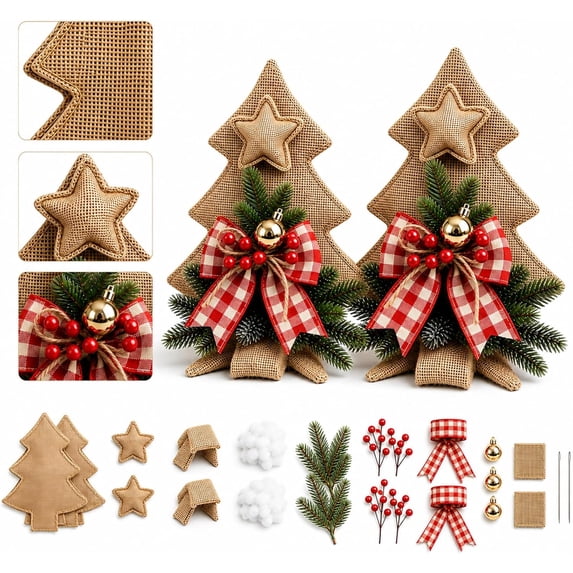 2 Pack Rustic DIY Burlap Christmas Tree Kit, Handmade Holiday Craft Project | Farmhouse Christmas Decoration for Tabletop Display, Seasonal Home Decor