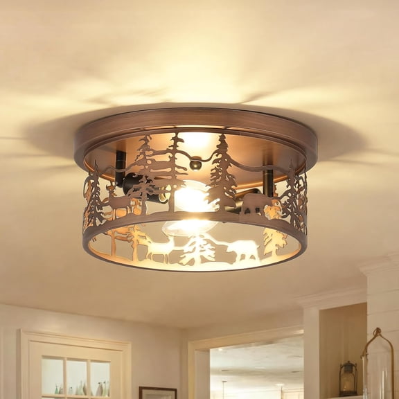 2 Pack Rustic Farmhouse Flush Mount Ceiling Light, 2-Light Black Metal Bear Design E12 Round Ceiling Light Fixture, for Kitchen, Bedroom, Foyer, Cabin Lighting