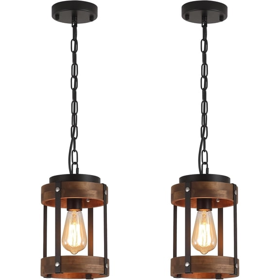 2 Pack Rustic Farmhouse Wood Pendant Light Fixture One-Light Adjustable Chain Oak Wood and Metal Drum Cage Small Pendant Lighting for Kitchen Island Sink Hallway Farmhouse Bathroom Bar, Black