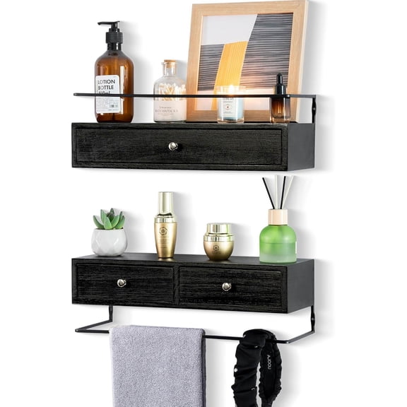 2-Pack Rustic Floating Shelves with Drawer, Black, 15.8 Inch Long, Wall-Mounted, Bathroom, Kitchen, Living Room Storage