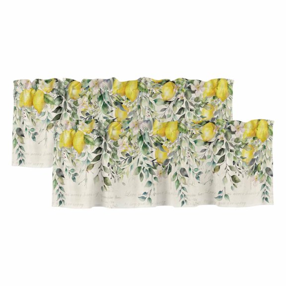 2 Pack Rustic Floral Plant Valance for Window Green Eucalyptus Leaves Sage Lemon Beige Kitchen Valance Rod Pocket Short Curtain Topper Decorative Window Treatment for Living Room Bedroom 42"x12"
