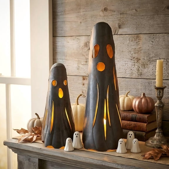 2-Pack Rustic Iron Ghost Luminaries, 15.74" & 11.81" Halloween Decorative Candle Holders, Premium Retro Cast Iron with Rusted Patina, Spooky Cute Desk, Home & Mantel Halloween Decorations