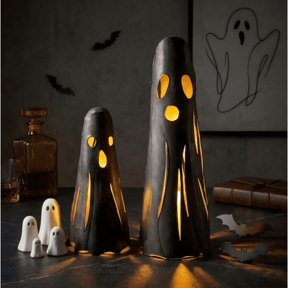 2-Pack Rustic Iron Ghost Luminaries, Halloween Decorative Candle Holders, Premium Retro Cast Iron with Rusted Patina, Spooky Cute Desk, Home & Mantel Halloween Decorations