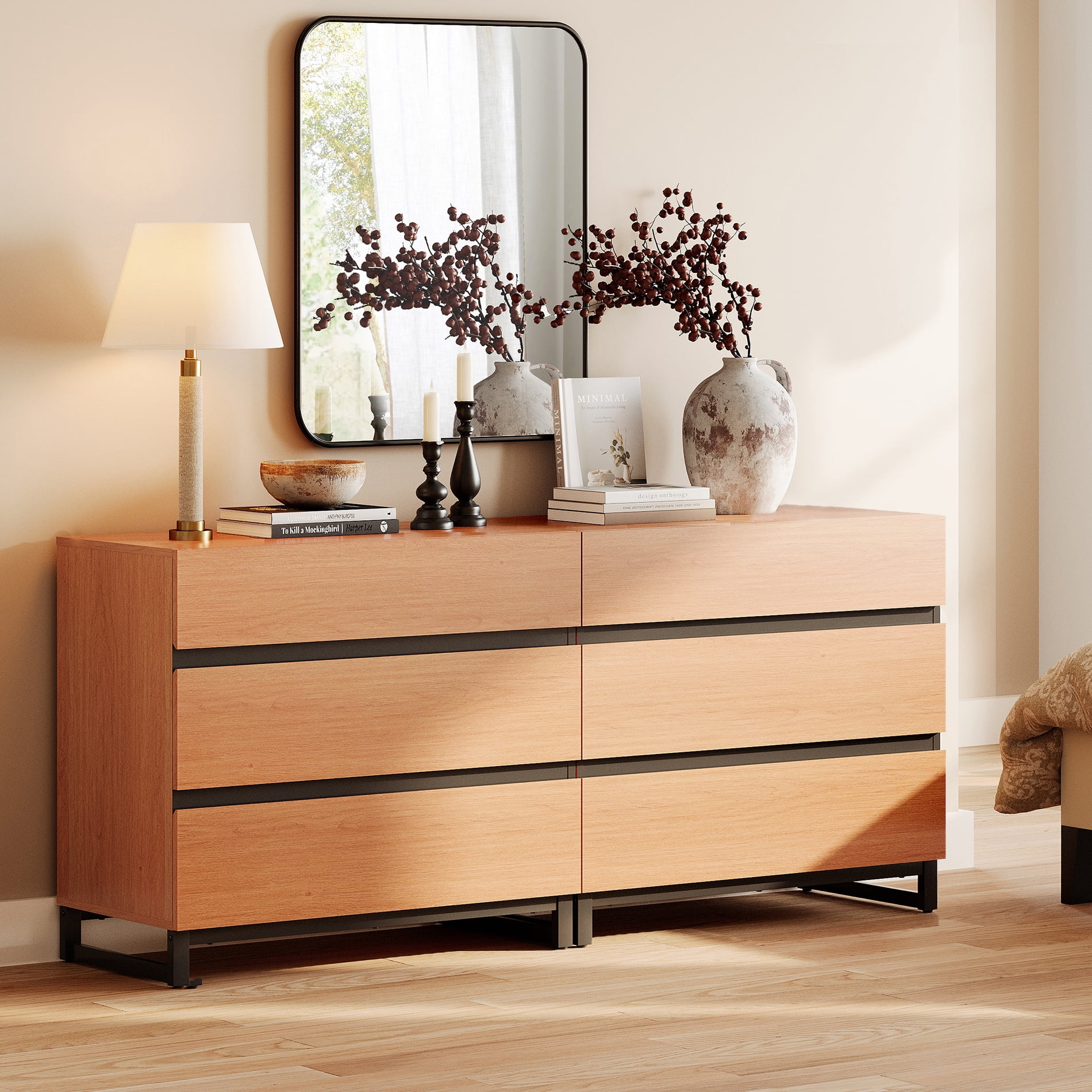 2 Pack Rustic Mocha Wood Nightstands, Modern Bedroom Bedside Tables with 3 Drawers and Black Square Metal Legs