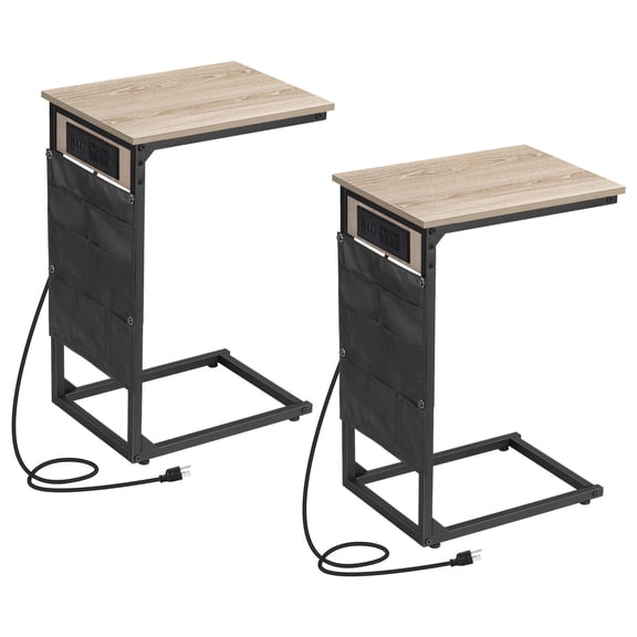 2-Pack Rustic Wood C-Shaped End Tables with Charging Station, Sturdy Metal Frame Sofa Tables with Organizer Pockets