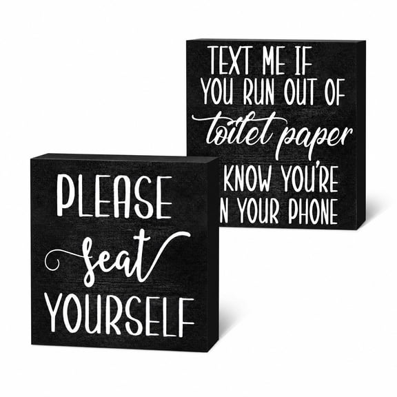 2 Pack Rustic Wooden Bathroom Signs Decor , Farmhouse Toilet Sign Black Funny Wood Plaque Wall Art Decorative, Please Seat Yourself, Home Decor for Bathroom Restroom Shelves