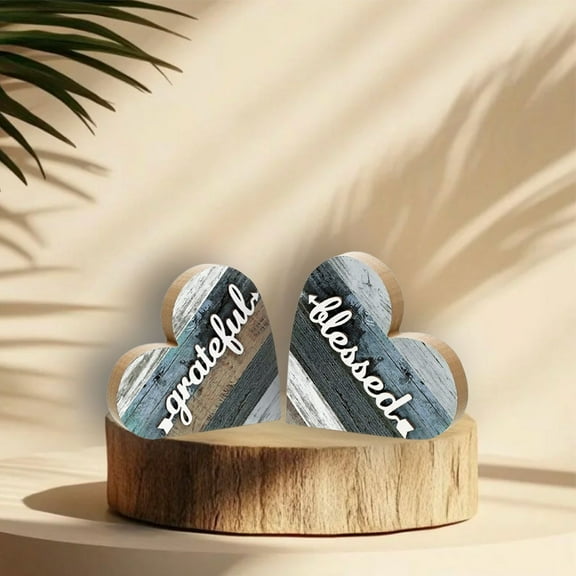 2-Pack Rustic Wooden Heart Decor, Farmhouse Table Centerpieces with Grateful Theme, Freestanding Wood Heart Sign for Living Room, Dining Room Shelf, Housewarming Gifts (6.3x5.9 Inch)