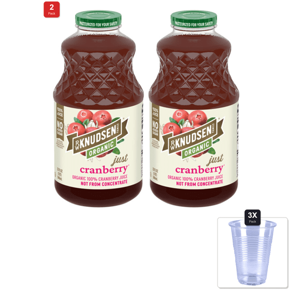 2 Pack | Rw Knudsen, Juice Just Cranberry Organic, 32 Fl Oz & 3x Disposable Cup