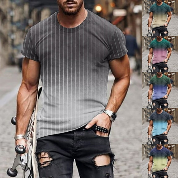 2 Pack S-4XL Short Sleeve T Shirts for Men Big and Tall Slim Pullover Crewneck Tees Tops Plus Size Gradient Stripe Printed Casual Tshirts Shirt