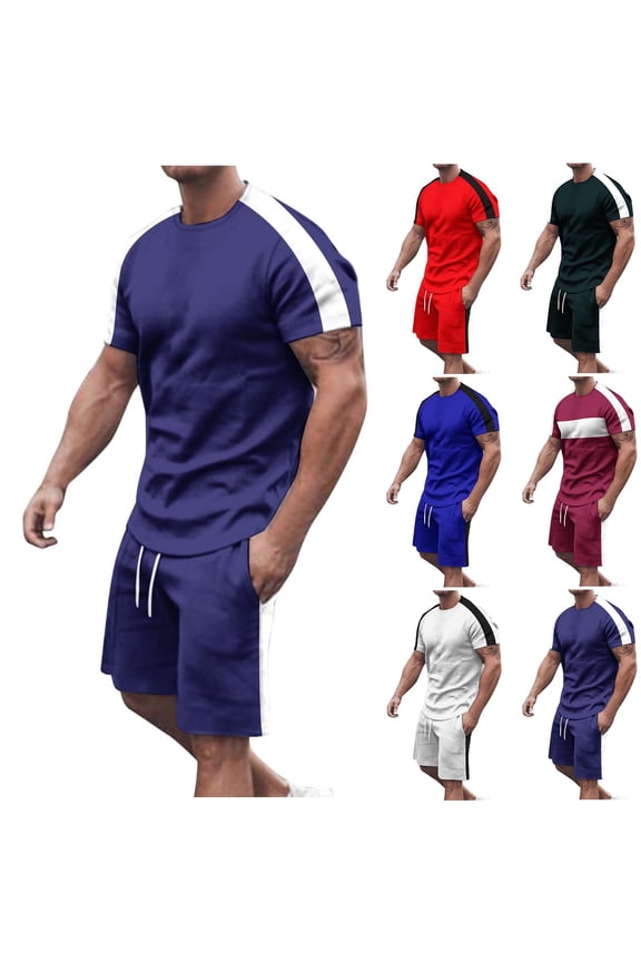 2 Pack S-5X Big & Tall Outfits for Men Plus Size 2 Piece Athletic Workout Sets Color-Block Short Sleeve T-Shirts and Shorts Tracksuits with Pockets
