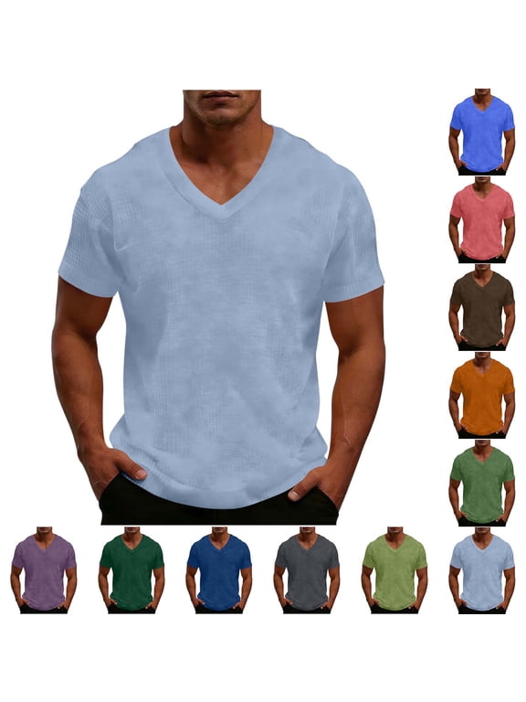 2 Pack S-5X Plus Size Mens Big & Tall Waffleknit T Shirts Short Sleeve V Neck Tees Tops Casual Solid Color Pullover Loungewear Athletic Workout Tshirts Shirt