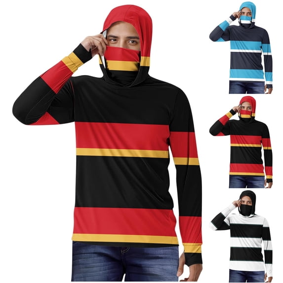 2 Pack S-5X Plus Size Sun Protection Hoodies for Men Big & Tall Long Sleeve Shirts with Mask Mens Casual Stripe Printed Pullover Hiking Workout Hoodie Tops