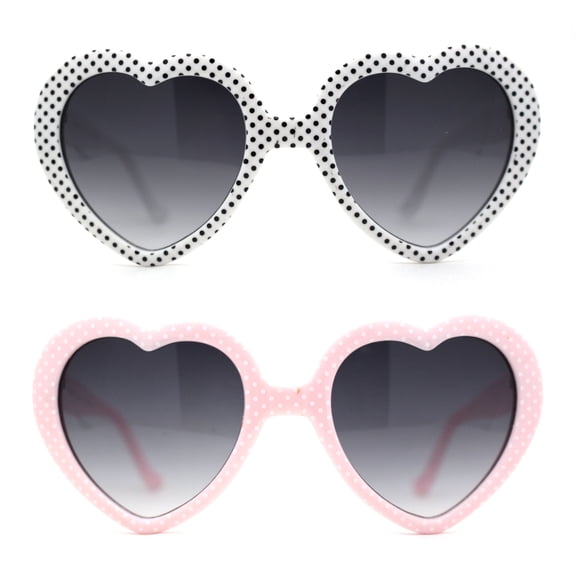 [2-Pack] SA106 Polka Dot Print Plastic Heart Shape Cute Womens Sunglasses 1 White 1 Pink