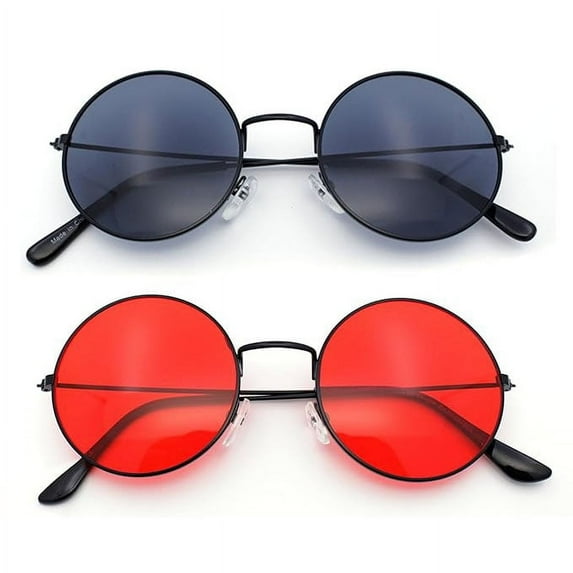 (2-Pack) SA106 Retro Vintage Flat Color Circle Round Lens Sunglasses 1 Black 1 Red