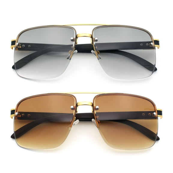 (2-Pack) SA106 by SA106 Thick Wood-Grain Arm Male Rectangular Fashion Sunglasses 1 Gold Black & Brown