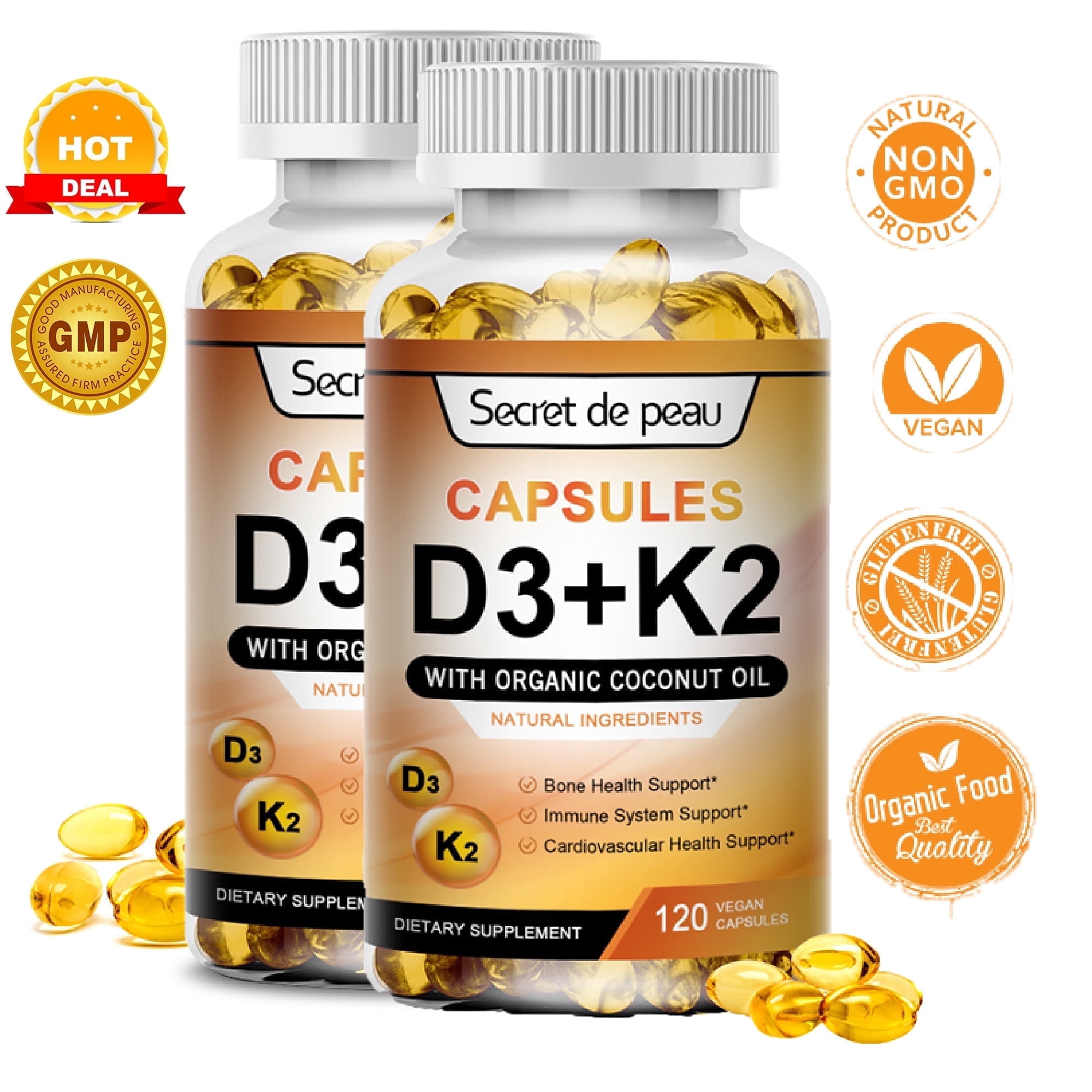 (2 Pack) SDP Vitamins D3 & K2 Dietary Supplement, Supports Healthy & Immune, 240 Capsules Total (Non GMO, Soy Free, Gluten Free)