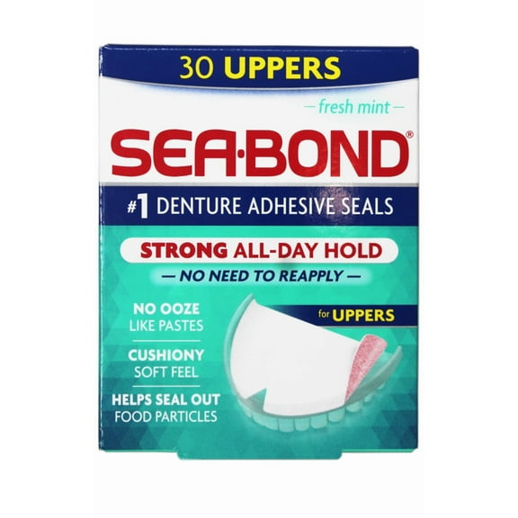 Sea-Bond Secure Denture Adhesive Seals, Fresh Mint Uppers, All-Day-Hold, Mess-Free, 30 Count - 2 Pack