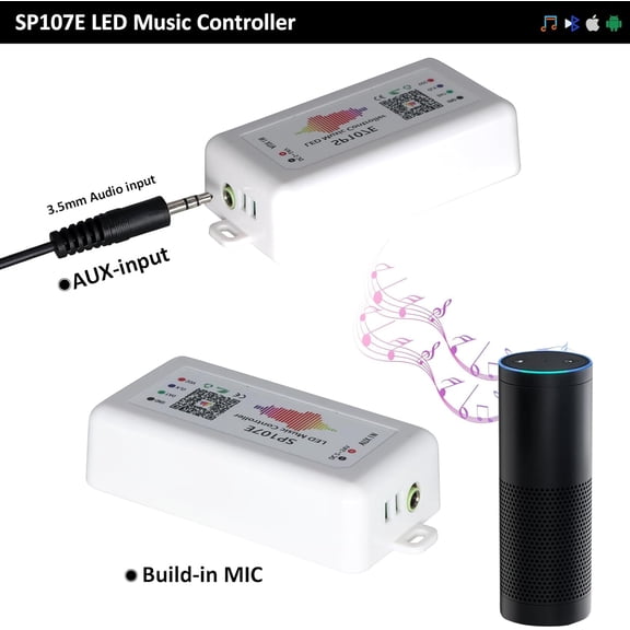 2 Pack SP107E LED Controller Music Sync for WS2812B/Ws2811/SK6812 IC Strips & LED Pixel Matrix Panel, Smart App Control, 16 Million Colors, Commercial/Home Lighting