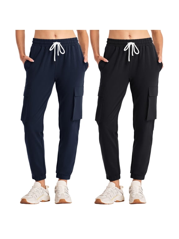 2-Pack SPECIAL MAGIC Women's Cotton Cargo Jogger Sweatpants with 4 Pockets, High Waist Drawstring, Lightweight Tapered Athletic Pants