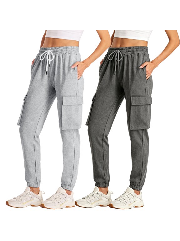 2-Pack SPECIAL MAGIC Women's Cotton Cargo Jogger Sweatpants with 4 Pockets, High Waist Drawstring, Lightweight Tapered Athletic Pants