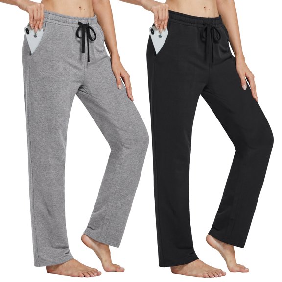 2-Pack SPECIAL MAGIC Women's Cotton Straight Leg Sweatpants with Pockets, High Rise Drawstring Lounge Athletic Pants