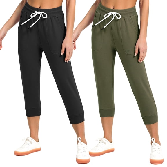 2-Pack SPECIAL MAGIC Women's Cropped Sweatpants Capri Jogger Pants with Drawstring Waist and Side Pockets for Running Lounge Yoga