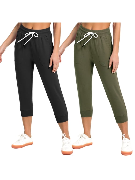 2-Pack SPECIAL MAGIC Women's Cropped Sweatpants Capri Jogger Pants with Drawstring Waist and Side Pockets for Running Lounge Yoga