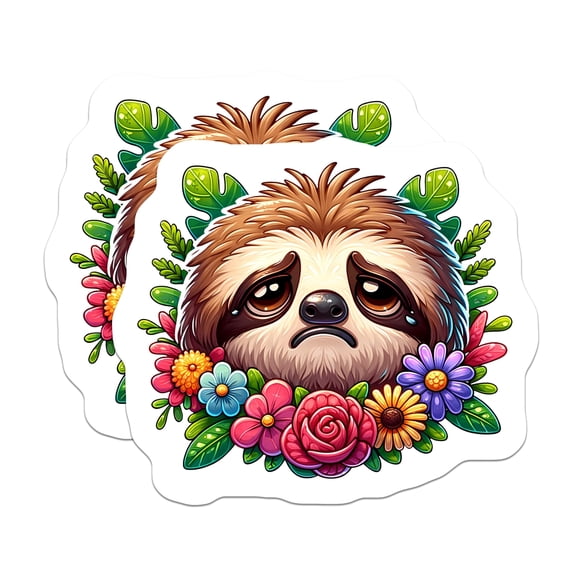 (2 Pack) Sad Sloth Magnets - Cute Crying Sloth Face - Vibrant Tropical Flowers Jungle Leaves - Animal Art Decor - 5 Inches On Longest Side - Thick Durable Magnet - Made in USA - MAG22669