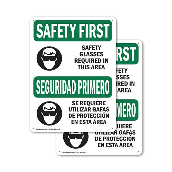 (2 Pack) Safety Glasses Required Area Bilingual OSHA Safety First Sign 10 Inch X 14 Inch Indoor / Outdoor Rust-Free Aluminum Metal Signs for Workplace, Workshop, and Construction Site,