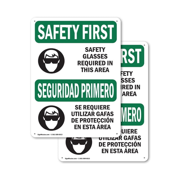 (2 Pack) Safety Glasses Required Area Bilingual OSHA Safety First Sign 10 Inch X 14 Inch Plastic Sign, Weather Resistant, UV Protected for Workplace, Business, and Construction Site,