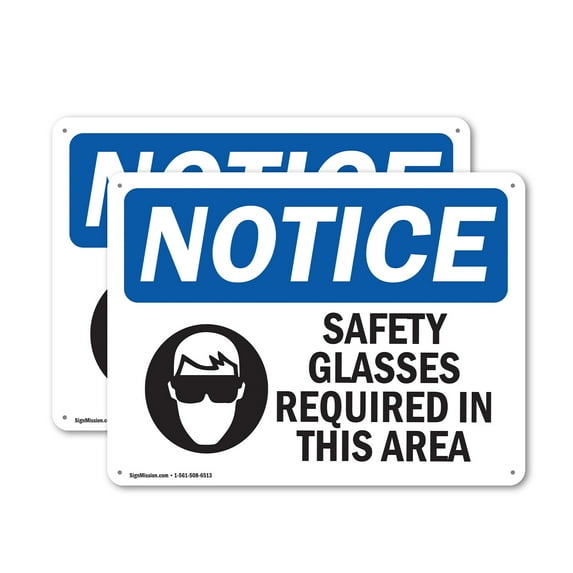 (2 Pack) Safety Glasses Required In This Area OSHA Notice Sign 10 Inch X 7 Inch Indoor / Outdoor Rust-Free Aluminum Metal Signs for Workplace, Workshop, and Construction Site, Made in