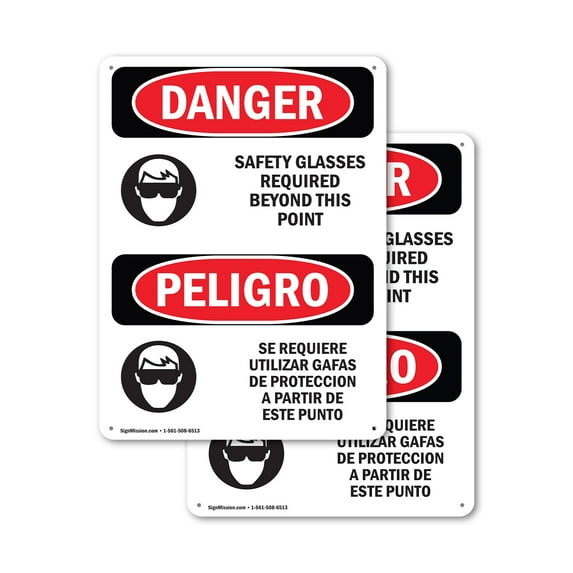 (2 Pack) Safety Glasses Required Beyond Bilingual OSHA Danger Sign 12 Inch X 18 Inch Plastic Sign, Weather Resistant, UV Protected for Workplace, Business, and Construction Site, Made