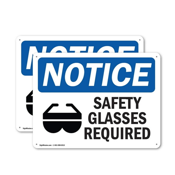 (2 Pack) Safety Glasses Required OSHA Notice Sign 10 Inch X 7 Inch Plastic Sign, Weather Resistant, UV Protected for Workplace, Business, and Construction Site, Made in the USA