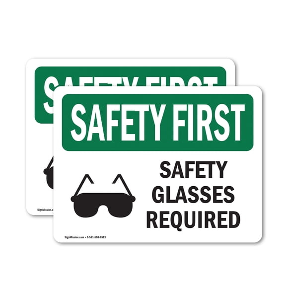 (2 Pack) Safety Glasses Required With Symbol OSHA Safety First Sign