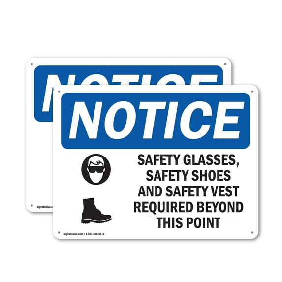 (2 Pack) Safety Glasses Safety Shoes OSHA Notice Sign 14 Inch X 10 Inch Plastic Sign, Weather Resistant, UV Protected for Workplace, Business, and Construction Site, Made in the USA