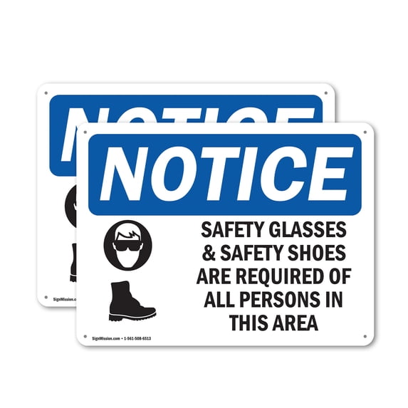 (2 Pack) Safety Glasses & Safety Shoes OSHA Notice Sign 24 Inch X 18 Inch Plastic Sign, Weather Resistant, UV Protected for Workplace, Business, and Construction Site, Made in the USA