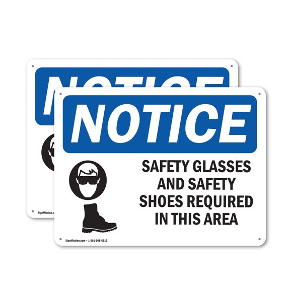 (2 Pack) Safety Glasses And Safety Shoes Required OSHA Notice Sign 24 Inch X 18 Inch Indoor / Outdoor Rust-Free Aluminum Metal Signs for Workplace, Workshop, and Construction Site, Made