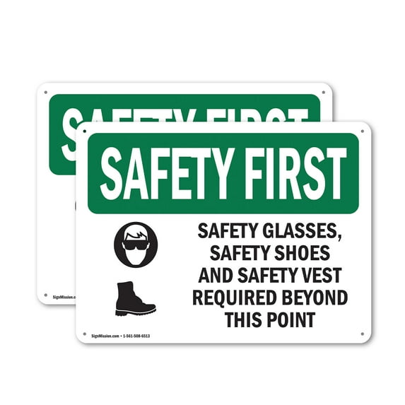 (2 Pack) Safety Glasses Safety Shoes With Symbol OSHA Safety First Sign 10 Inch X 7 Inch Indoor / Outdoor Rust-Free Aluminum Metal Signs for Workplace, Workshop, and Construction Site,