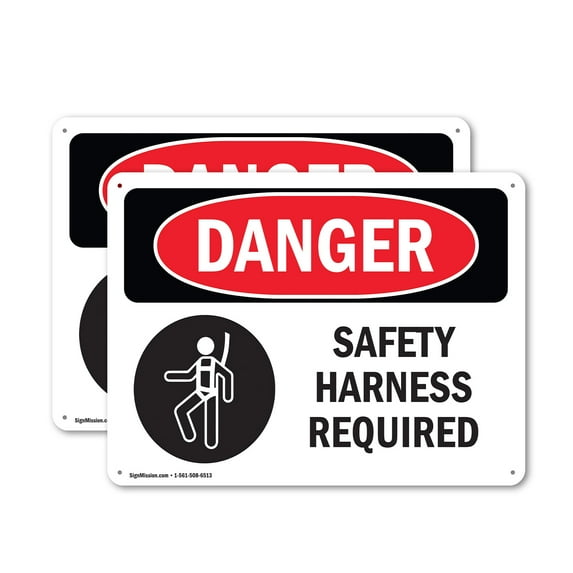 (2 Pack) Safety Harness Required OSHA Danger Sign 18 Inch X 12 Inch Plastic Sign, Weather Resistant, UV Protected for Workplace, Business, and Construction Site, Made in the USA