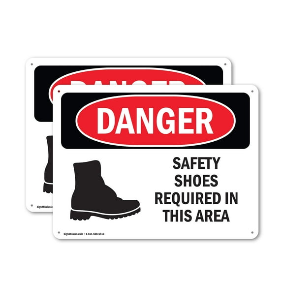 (2 Pack) Safety Shoes Required Area Symbol OSHA Danger Sign 24 Inch X 18 Inch Plastic Sign, Weather Resistant, UV Protected for Workplace, Business, and Construction Site, Made in the