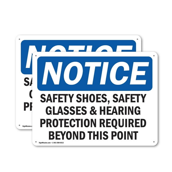 (2 Pack) Safety Shoes Safety Glasses & Hearing Protection OSHA Notice Sign 10 Inch X 7 Inch Indoor / Outdoor Rust-Free Aluminum Metal Signs for Workplace, Workshop, and Construction