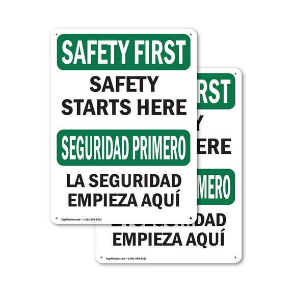 (2 Pack) Safety Starts Here Bilingual OSHA Safety First Sign 12 Inch X 18 Inch Indoor / Outdoor Rust-Free Aluminum Metal Signs for Workplace, Workshop, and Construction Site, Made in