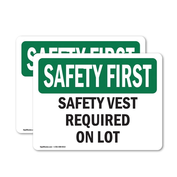 (2 Pack) Safety Vest Required On Lot OSHA Safety First Sign 7 Inch X 5 Inch Vinyl Label Decal Sticker Weather Resistant, UV Protected for Workplace, Business, and Construction Site,