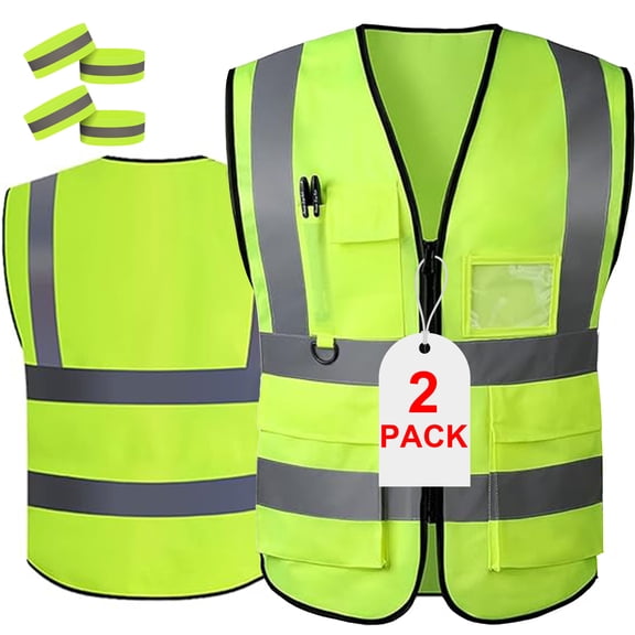 cyrico 2 Pack Safety Vests with Reflective Strips and 4 Reflective Arm Bands, High Visibility Zipper Front Vests for Men and Women, Suitable for Running, Cycling, Walking, Outdoor Activities