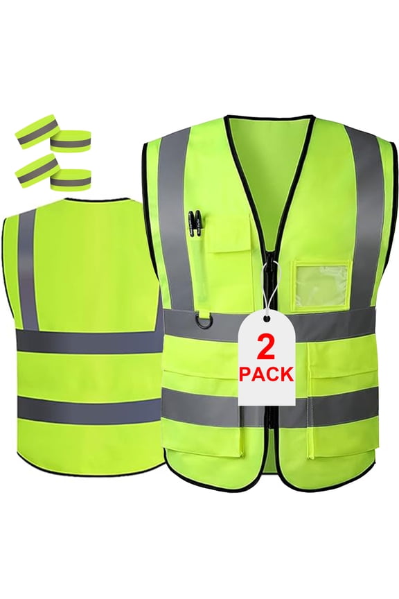 2 Pack Safety Vests with Reflective Strips and 4 Reflective Arm Bands, High Visibility Zipper Front Vests for Men and Women, Suitable for Running, Cycling, Walking, Outdoor Activities