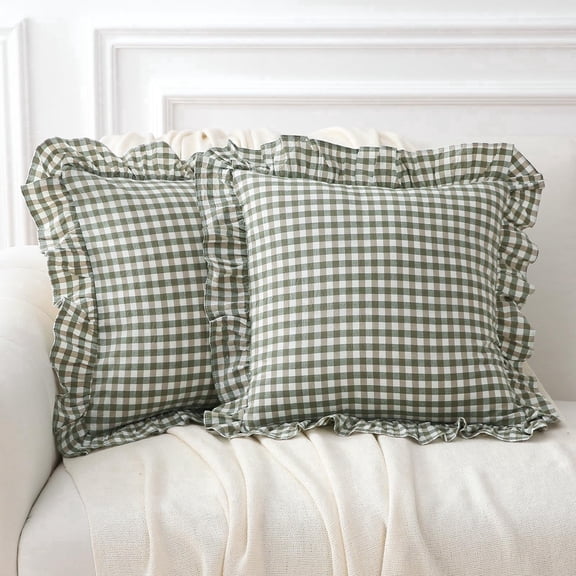 2 Pack Sage Green Plaid Ruffle Gingham Throw Pillow Covers, 100% Washed Cotton Checkered Farmhouse Decorative Pillow Shams for Bed/Sofa - 18''x18''
