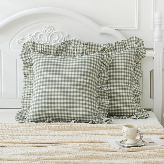 2 Pack Sage Green White Plaid Ruffle Euro Shams Pillow Covers 26x26 inches, 100% Cotton Gingham Checkered Farmhouse Pillowcases for Bed/Sofa (26x26 inches, Sage Green/White Plaid)