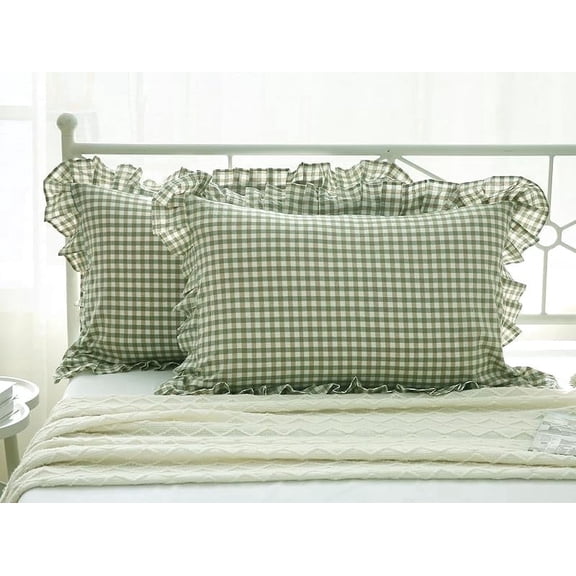 2 Pack Sage Green White Plaid Ruffles Pillow Shams Checkered Pillowcases Gingham King Size Pillow Cases Washed Cotton Farmhouse Cottage Pillow Covers for Bed/Sofa(20"X36",Sage Green/White Plaid)