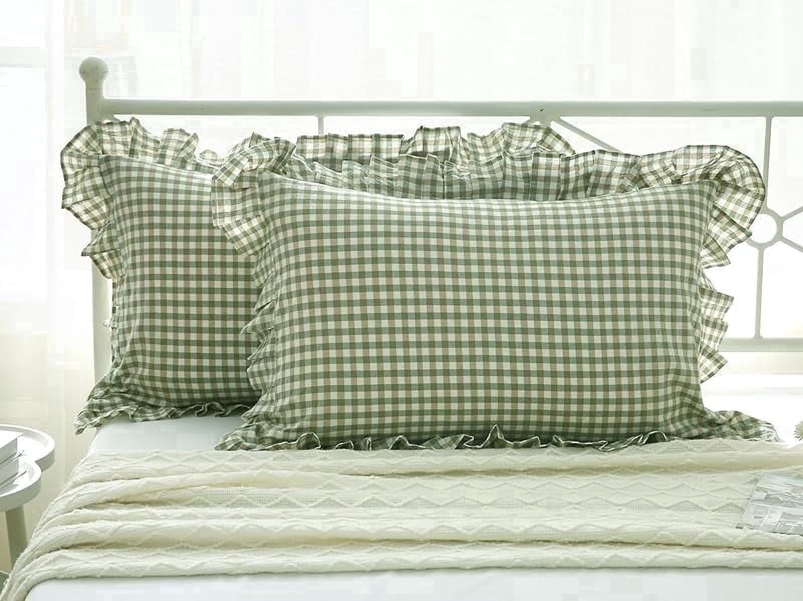 2 Pack Sage Green White Plaid Ruffles Pillow Shams Checkered Pillowcases Gingham Queen Size Pillow Cases Washed Cotton Farmhouse Cottage Pillow Covers for Bed/Sofa(20X30inches,Sage Green/White Plaid)